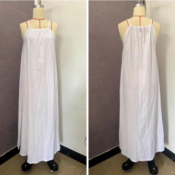 Boho White Halter Linen and Cotton Maxi Dress - Picture 3 of 4
